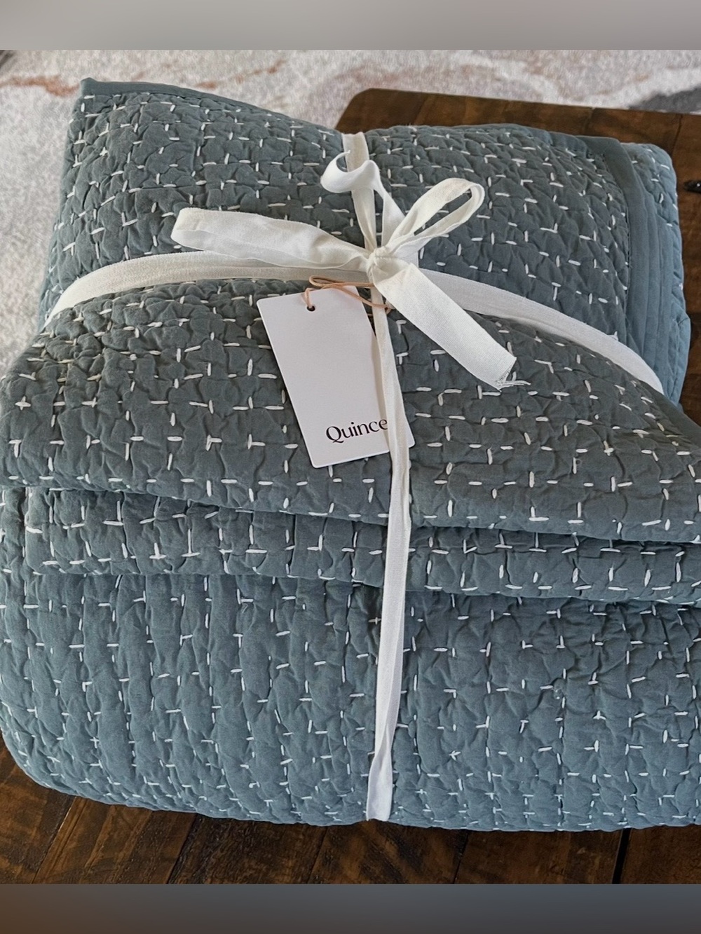 NWT Quince Organic Cotton Hand Stitched Quilt Set, Full/Queen (Ocean)